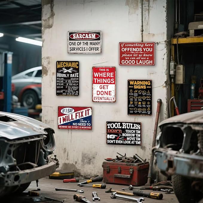 Funny Garage Metal Signs Vintage Man Cave Decor for Men - Retro Car Room Wall Art Posters, Mechanic Shop Signs & Mens Garage Gifts 7 Piece Set (8×12 Inch)