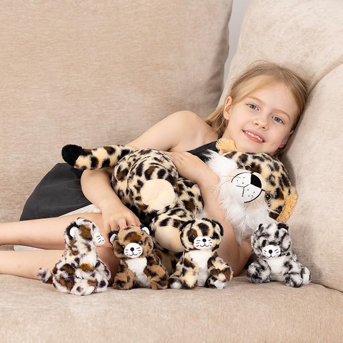 MorisMos 5Pcs Cheetah Stuffed Animal, 14 Inch Cheetah Mommy with 4 Baby, Soft Stuffed Leopard Plush Gifts for Kids, Boys, Girls, Toddler