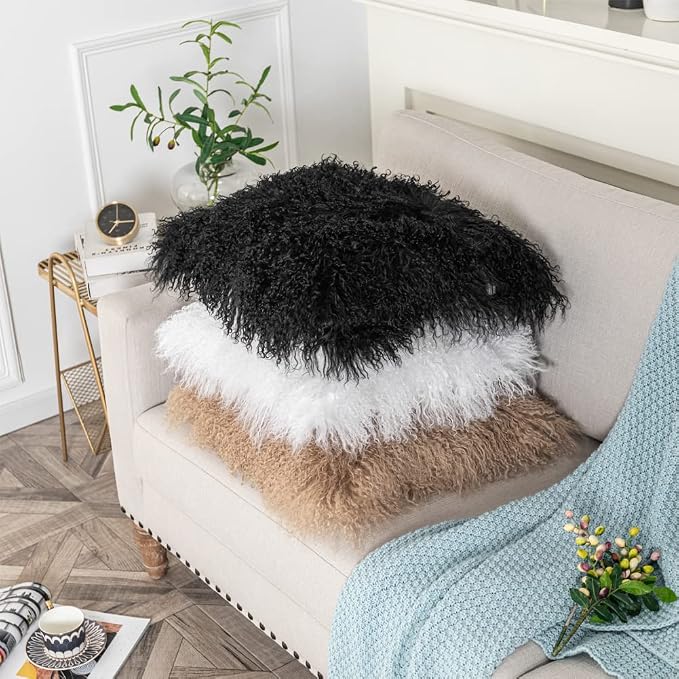 Mongolian Lamb Fur Throw Pillow Cover (16'' x 16'', Black), Real Sheep Fur Decorative Cushion Cover Case Home Decorative Square Throw Pillow Cover Plain Wool Pillow Protector