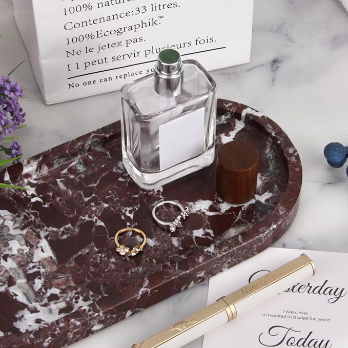 Natural Marble Tray Oval, Bathroom Vanity Tray for Countertop, Elegant Stone Decorative Organizer for Perfume, Jewelry, Home Decor (1, Rosso Lepanto, 10 x 5 x 0.6)