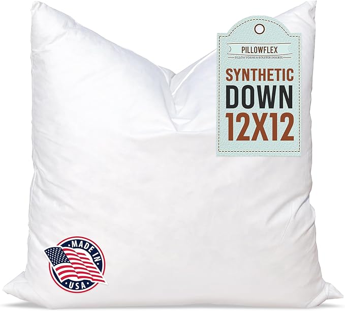 Pillowflex Synthetic Down Pillow Insert - 12x12 - Down Alternative Ultra Soft Large Square Throw Pillow, Machine Washable - Couch Euro Sham, Lumbar, Bed, Sofa - 1 Decorative Accent Form