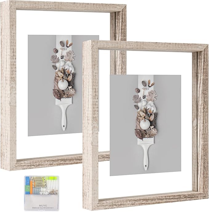 MUYE 8x10 Floating Frame Distressed Beige White Wood Pattern,Double Glass Picture Frame Set of 2 Display Any Size Photo up to 8x10,Wall Mount or Tabletop Stand