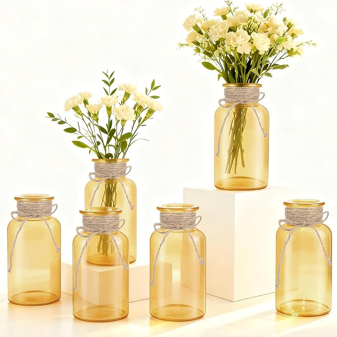Vintage Glass Flower Vase, Farmhouse Glass Centerpiece Vases Mason Jars for Weddings, Parties & Home Decor Bulk (6, Gold)