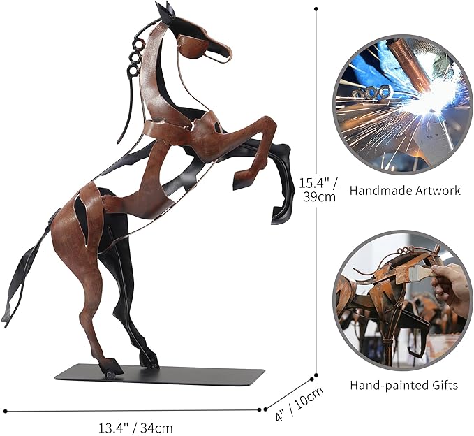SunBlogs Art Metal Horse Statue Décor, Handmade & Hand-Painted Modern Western Horse Decoration, Rustic Iron Sculpture Gifts for Home Office for Horse Lovers (Brown)