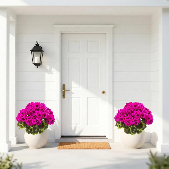 lovemoon 2Set Geranium Potted Artificial Flowers,Fake Geranium Plants for Outdoor Home Décor Office Tables Porch Garden Decor (2, Rose Red)