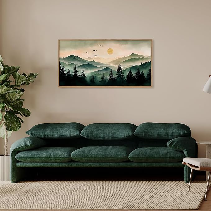 Large Boho Mountain Framed Canvas Wall Art Set 20"x40"x1 | Misty Forest Landscape Green Pine Tree Wall Painting Nature Sunrise Art Prints Living Room Bedroom Dining Room Office