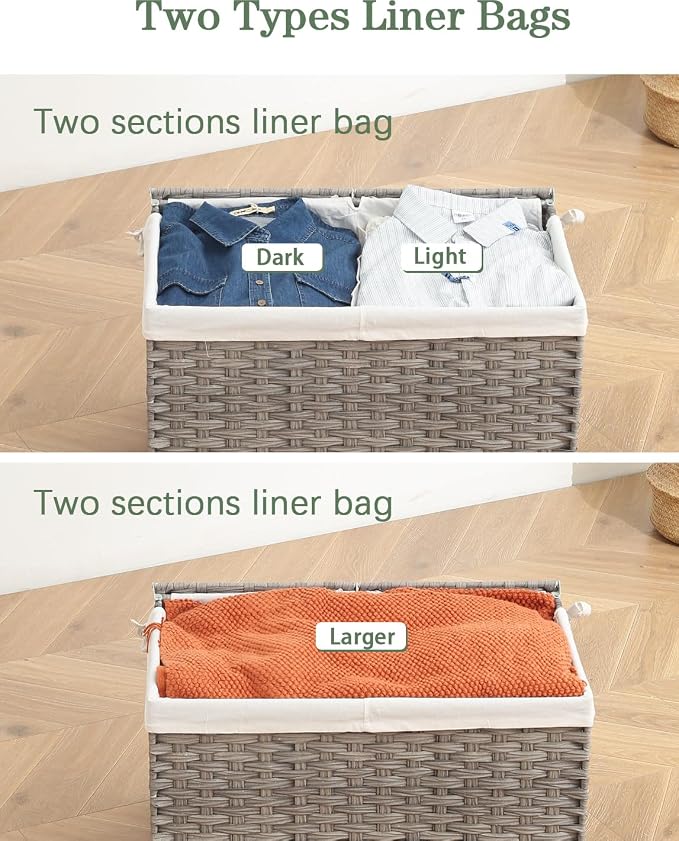 SETVSON Storage Basket with Lid Wicker Baskets for Storage with 2 Separate Lid 42.3 Gallon (160 L) 29.9 x 17.3 x 18.1 Inches Rattan Woven Large Wicker Basket with 2 Liners for Bedroom Laundry Gray