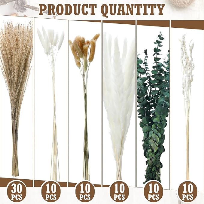 Qinyoung 10 Set Dried Pampas Grass Centerpiece for Wedding Baby Shower Party 10 Glass Flower Jars 10 Artificial Roses 80 Dried Pampas Grass with Rope for Rustic Bridal Farmhouse Decoration(Champagne)