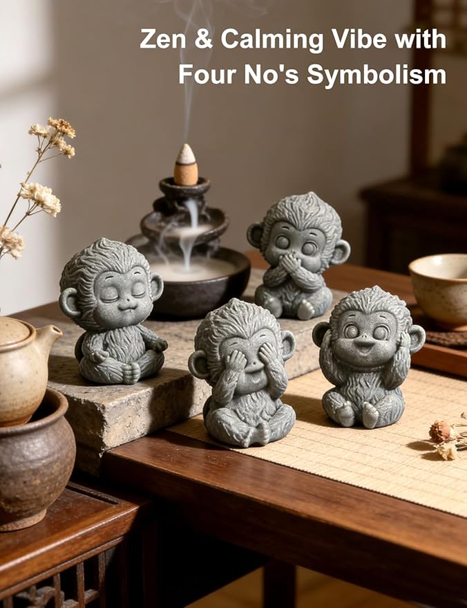 4 Piece Cute Monkey Figurine Set, Sandstone See no Evil,Hear no Evil,Speak no Evil,Do no Evil Statues, Zen Desk/Garden Decor, Mindfulness Animal Accents for Home Office