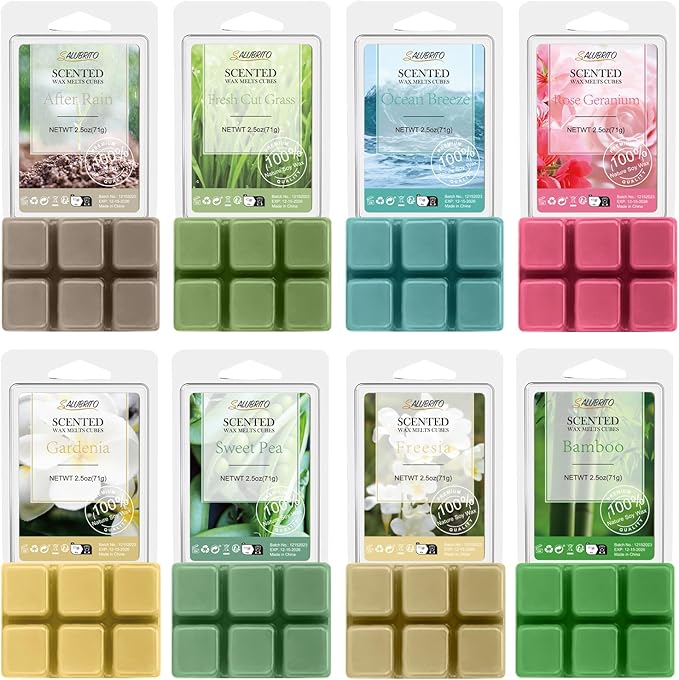 Salubrito Spring Scented Wax Melts, Strong Scented Soy Wax Cubes - Rain, Fresh Cut Grass, Ocean Breeze, Sweet Pea, Rose Geranium, Gardenias, Freesia, Bamboo, Variety Gift Set, 8x2.5oz