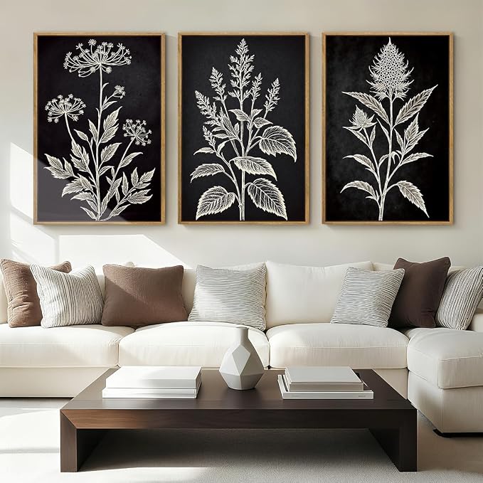 HPNIUB Black and White Sketch Floral Framed Canvas Wall Art Set | Vintage Minimalist Botanical Flower, Moody Wildflower Leaf Artwork, Living Room, Bedroom, Office, 24''x36''x3