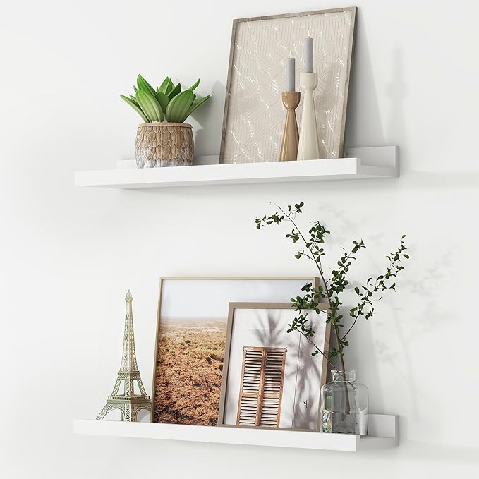 FLYJOE Picture Ledge Shelf, Floating Shelves Set of 2, 24 Inches Nursery Book Shelves for Toys Storage, Kids Bookshelf Wall Mounted for Living Room Bedroom Decor Books Photo Frames, White