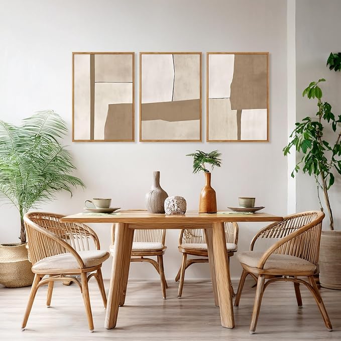 HOURIA 3Pcs Framed Boho Abstract Geometric Canvas Wall Art (16"x24"), Vintage Mid Century Modern Earth Tone Wall Decor, Minimalist Neutral Illustration Art Print for Office Living Room Bedroom