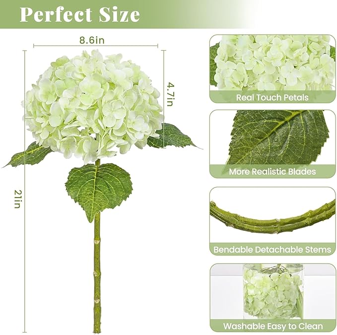 MARTINE MALL 4Pcs 21in Hydrangea Artificial Flowers, Latex Real Touch Hydrangeas Lifelike Large Hydrangea Flowers for Home Decor Party Arrangements Wedding Bouquets Centerpieces (Light Green)