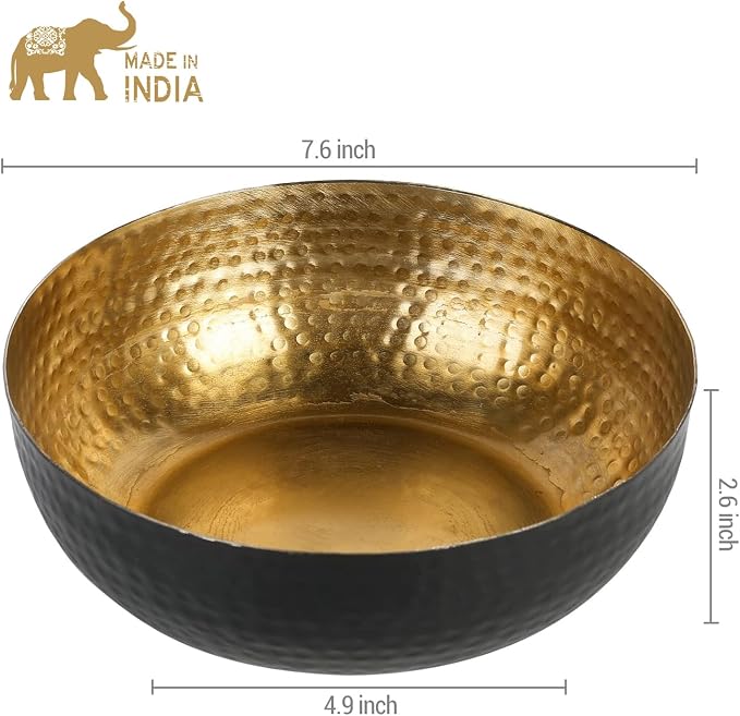 MyGift Black Metal Hammered Decorative Bowl for Home Decor with Gold Interior, Art Deco Style Centerpiece Table Decoration and Coffee Table Decor - Handcrafted in India (Dia 7.6 inches)
