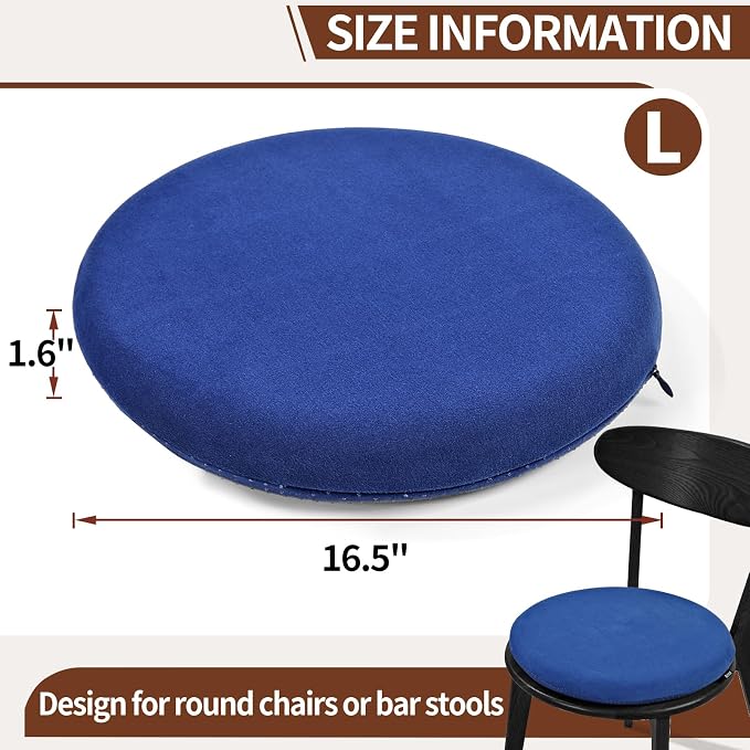 BUYUE Memory Foam Seat Cushion, Dia 16.5" Soft Velvet Round Stool Cushion Anti-Slip Chair Pads, L, Navy Blue
