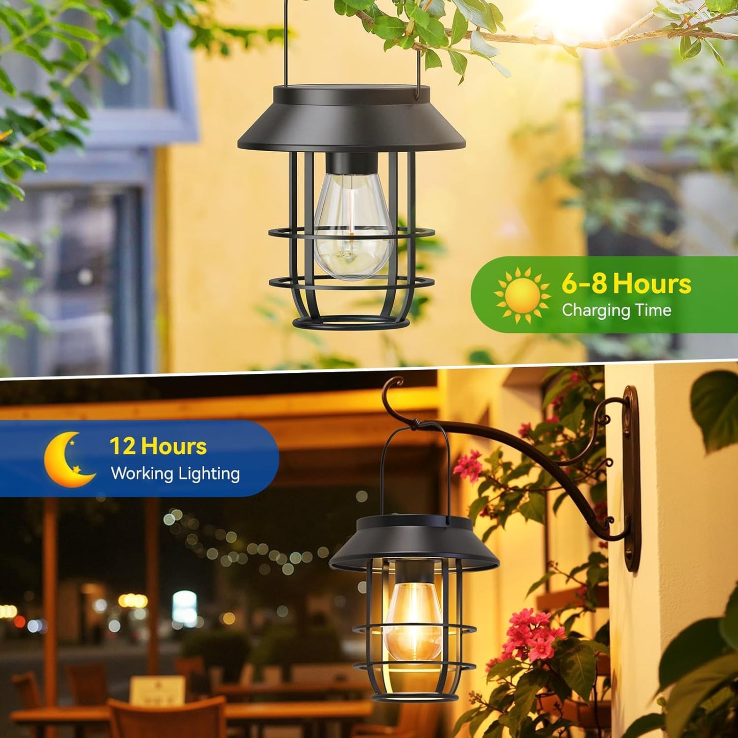 Solar Lanterns Outdoor Waterproof, High Brightness Hanging Solar Lights for Outside with Wall Hooks, Halloween Decor Retro Metal Outdoor Lanterns Auto On/Off for Patio, Yard Decor, Black,2Pack