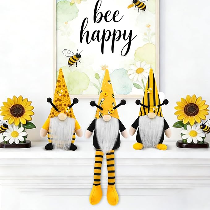 Bumble Bee Gnomes Spring Decor, 3Pcs Rustic Farmhouse Decor Indoor for Home Office Party Spring Gnomes Table Decorations, Summer Honey Bee Themed Gifts