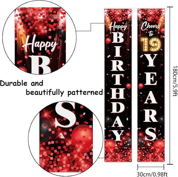 Happy 19th Birthday Porch Sign Door Banner Decor Red and Black – Glitter Cheers to 19 Years Old Birthday Party Theme Decorations for Boys Girls Supplies