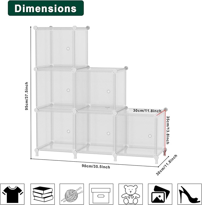 Cube Storage Organizer, 6-Cube Shelves Unit with Doors, DIY Stackable Plastic Clothes Organizer for Bedroom and Under Stairs Storage Unit, Each Compartment 30 x 30 x 30 cm Striped White