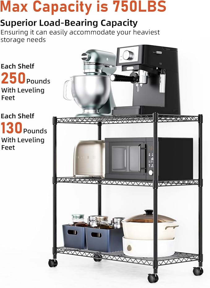 Simple Deluxe Heavy Duty 3-Tier Storage Shelves 750Lb Capacity, 24.02" D x 13.78" W x 29.92" H Shelving Unit for Pantry, Garage, Laundry and Kitchen, Black