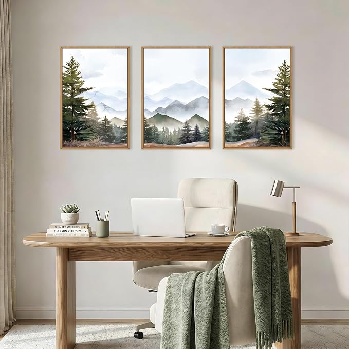 KAIRNE Misty Mountain Landscape Framed Canvas Wall Art Set, Nature Forest Wall Decor, Green Pine Tree Art Prints, Modern Foggy Woodland Artwork for Living Room,Bedroom,Farmhouse,Office-24 x36 x3