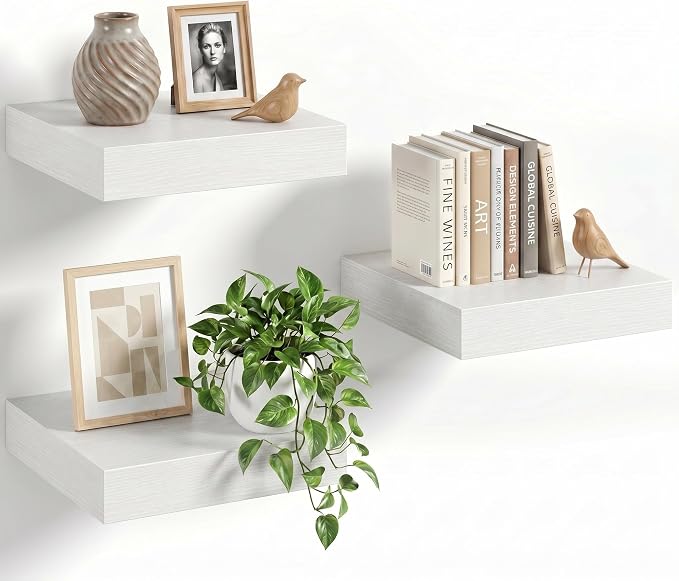 8" Long x 8" Deep Floating Shelves for Wall, Set of 3, 1.5" Thick, White | Rustic Wood Wall Shelves with Invisible Brackets, Storage and Display for Bathroom, Bedroom, Living Room or Kitchen