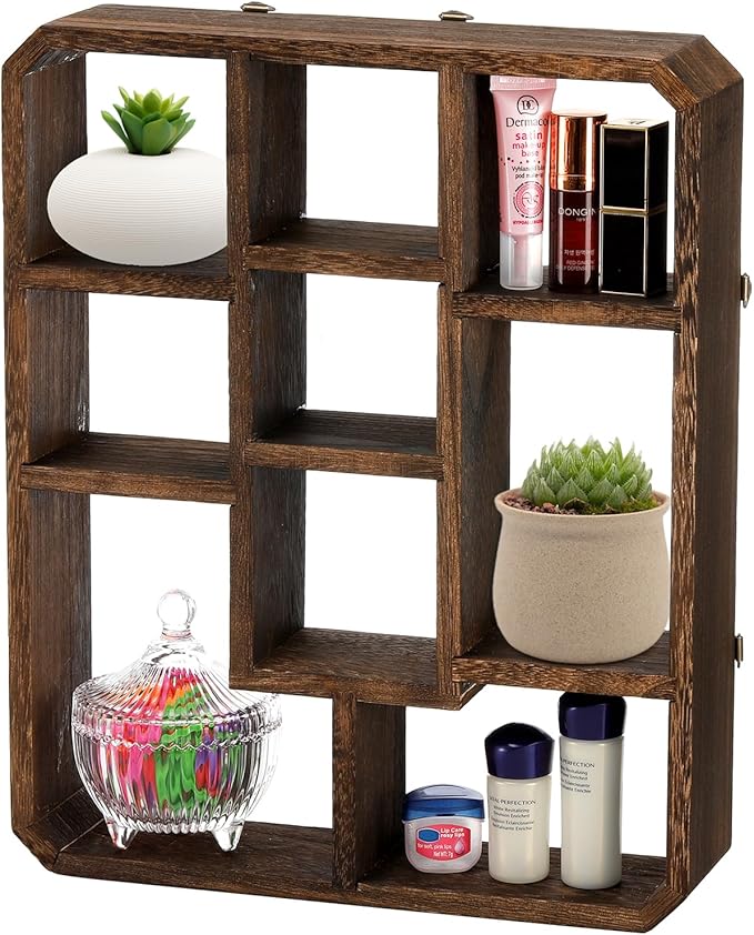 Frcctre Rustic Shadow Box Display Shelf, 9 Compartments Wood Hanging Display Floating Shelves, Multi-Slot Wall Mounted or Freestanding Farmhouse Decor Displays Case