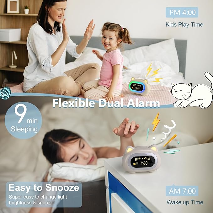 ANALOI Alarm Clock for Kids, Ok to Wake Clock for Kids with Eye Protection Sleep Training Auto Off Feature 10 Night Light Dual Alarm, Kids Alarm Clock Cute Cat Gifts for Girls