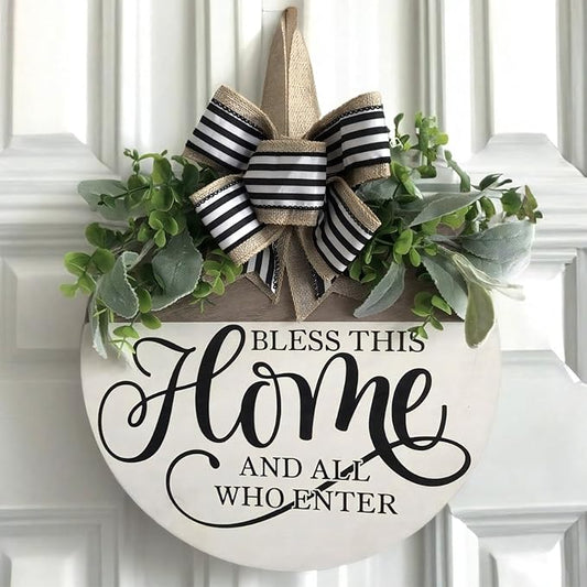 Welcome Sign for Front Door, Rustic Round Wood Wreaths Wall Hanging Outdoor Decor, Porch Fence Decorations Hanging Gift for Home Outdoor for Spring Summer Fall All Seasons Holiday, Bless This Home