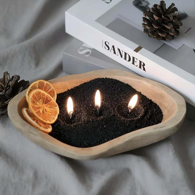 GrusoSP Reusable Wooden Dough Bowl Candle with 18 Oz Pearled Candle Sand and 30 Wicks Unscented Palm Sand Wax Refillable Powder Candles DIY Wax Making Kit (Black)