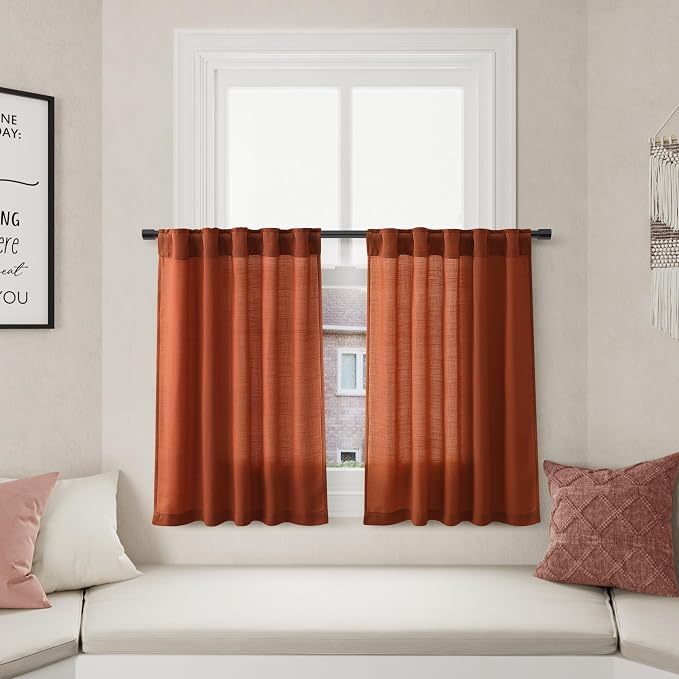 Terracotta Kitchen Short Linen Curtains 36 Inch Length 2 Panels Semi Sheer Linen Light Filtering Valances Back Tab Rod Pocket Design for Small Windows Drape Cafe Bathroom Laundry Room RV 30Wx36L
