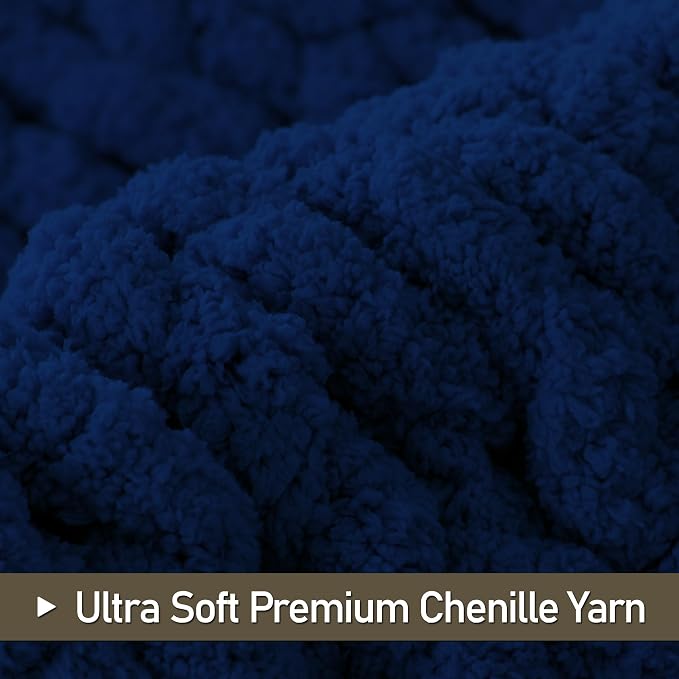 Chunky Knit Throw Blanket 60x80, 100% Handmade Chenille Yarn | 6.7lbs Soft Thick Cable Knitted Blankets, Large Rope Knot Crochet Throws for Couch Sofa Bed Machine Washable, Navy Blue