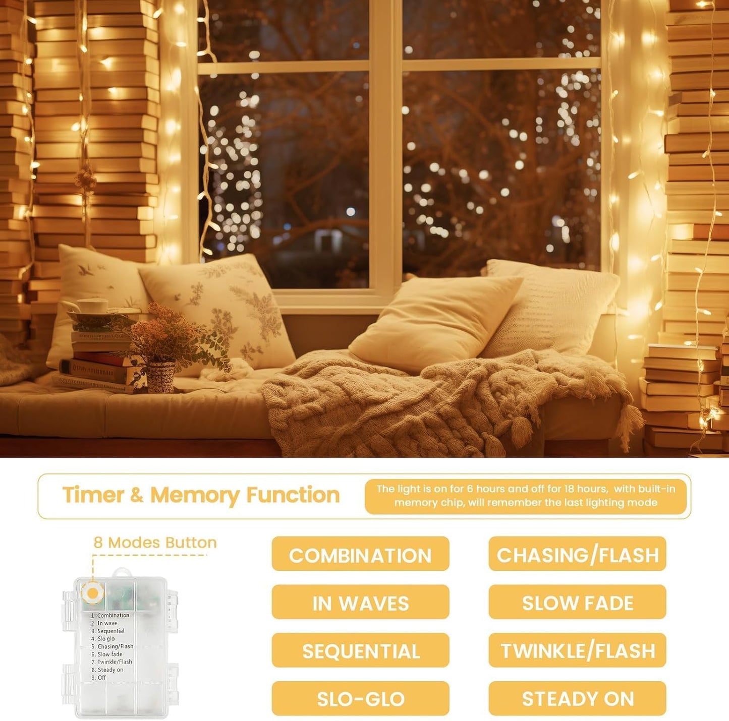 4 Pack String Lights Battery Operated with Timer, 66FT 200 LED Waterproof Battery Twinkle Lights, 8 Modes Fairy Light for Indoor & Outdoor Party Bedroom Garland Tree Christmas Decorations (Warm White)