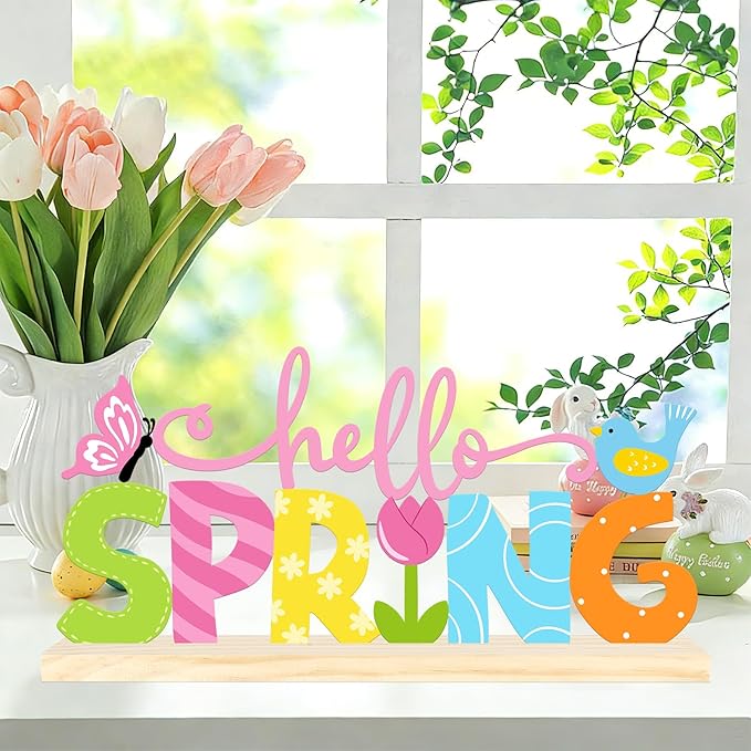 Metal Hello Spring Table Sign, Hello Spring Tabletop Decoration with Wood Base, Springs Table Centerpiece Decor for Home, Office, Shelf, Indoor, Mantel Party Supplies