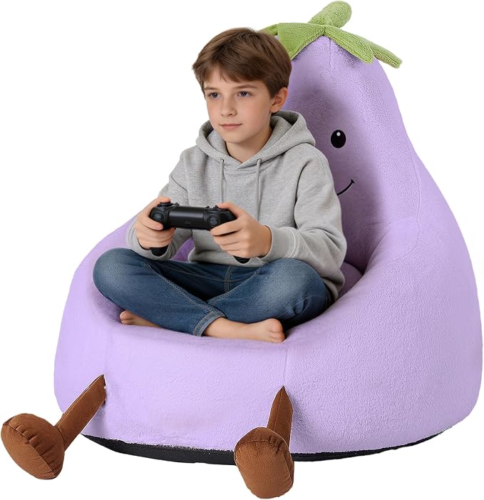 2.5FT Memory Foam Bean Bag Chair - Ultra Soft Faux Rabbit Fur Round Sofa with Handle & Machine Washable Cover, Comfy Lazy Chair for Kids Teens, Perfect for Reading Gaming in Living Room Bedroom，Purple