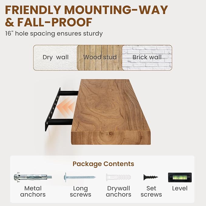 30 Inch Floating Shelves Set of 2, Rustic Solid Elm Wood Floating Shelf for Farmhouse, Living Room, Bedroom, Wall Mounted Bathroom Shelves Heavy-Duty Wall Shelf with Invisible Bracket, Natural
