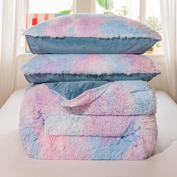 chovy Faux Fur Plush Tie-Dyed Colorful Blue Comforter Sets Full/Queen - Ultra Soft Shaggy Flannel Velvet Fluffy Fuzzy 3PC Bedding Set （Comforter x 1 Pillowcases x 2）
