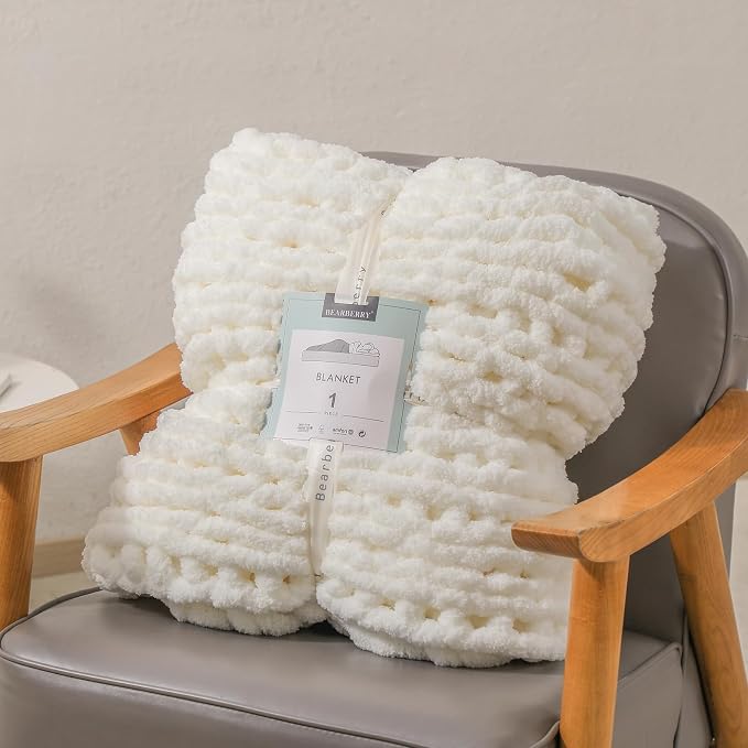 bearberry Chunky Knit Throw Blanket 60x80 Inches Handmade, Soft Jumbo Chenille Yarn with Cable Rope Knot Design, Thick Cozy Large Blanket for Couch, Sofa, Bed & Living Room Home Decor, Cream