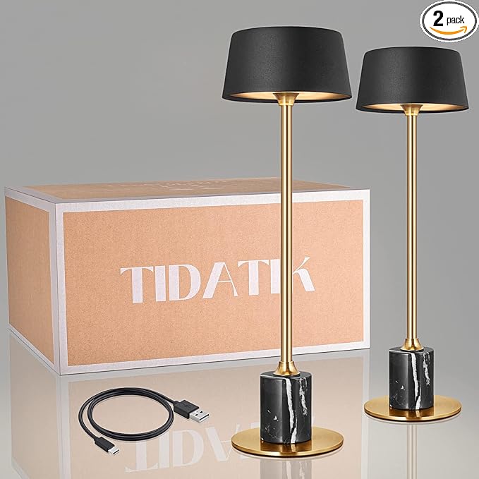 Cordless Lamp Set of 2, Rechargeable and Battery Operated, Powered by 4000mAh Battery, 42-Hour Run Time, Dimmable, Black and Gold Lamp for Bedrooms, Restaurant, Buffet, Patio