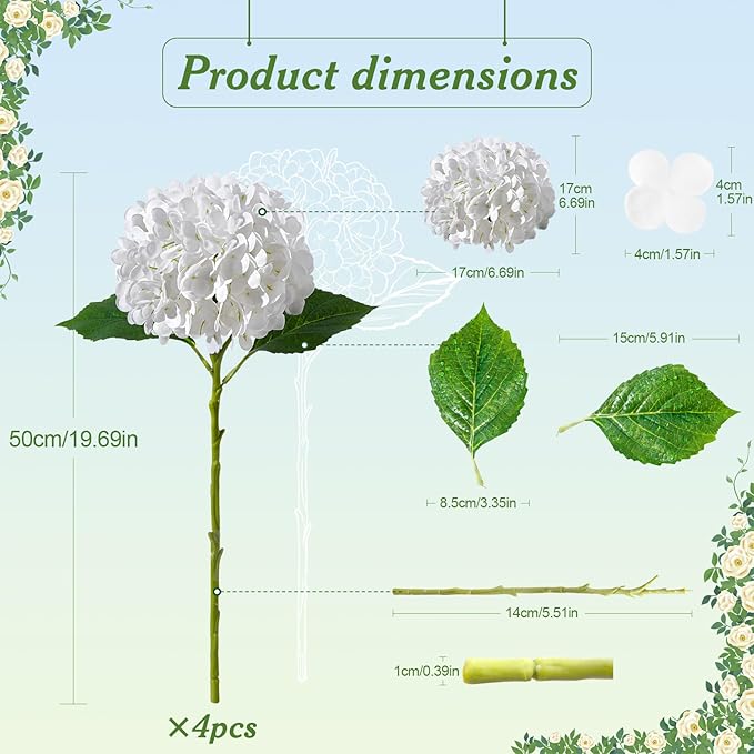 4 Pcs Artificial Hydrangea Silk Flowers with Stems, 19.7" White Faux Hydrangeas Bouquet, 240 Petals, UV Resistant & Waterproof Fake Flower for Outdoor Wedding Home Decor
