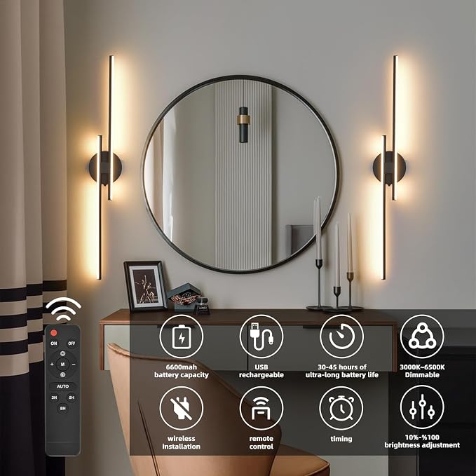 Rechargeable Battery Operated Wall Sconce Set of Two, Black Wireless LED Wall Sconces with Remote Control, Dimmable 3 Colors Cordless Wall Lights for Living Room, Bedroom, Hallway, 31.4 Inch(2pcs)