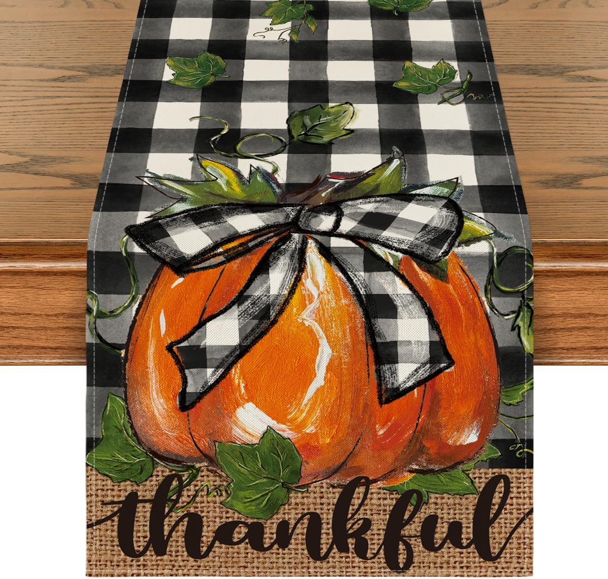 Artoid Mode Buffalo Plaid Bowknot Pumpkin Thankful Fall Table Runner, Autumn Thanksgiving Kitchen Dining Table Decoration for Home Party Decor 13x120 Inch