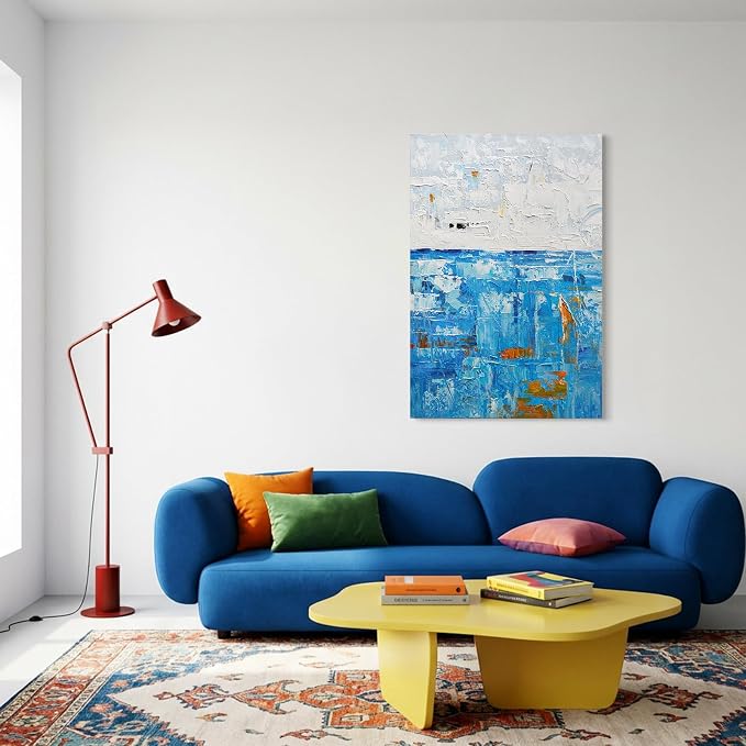 Modern Abstract Blue Textured Oil Painting Canvas Wall Art for Living Room | Large Coastal Wall Decor for Living Room Bedroom Office Hallways, Minimalist Hand-Painted Artwork Housewarming Gift, 24x36"
