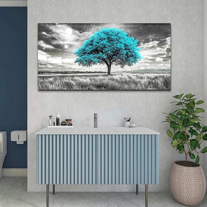 KELIYUAN Blue Tree Wall Artist Decorated Painting Full Of Stars Black And White Oil Painting Modern Print Canvas Aesthetics Living Room Decoration Bedroom Bathroom Office Wall Decoration 24 X 48 In