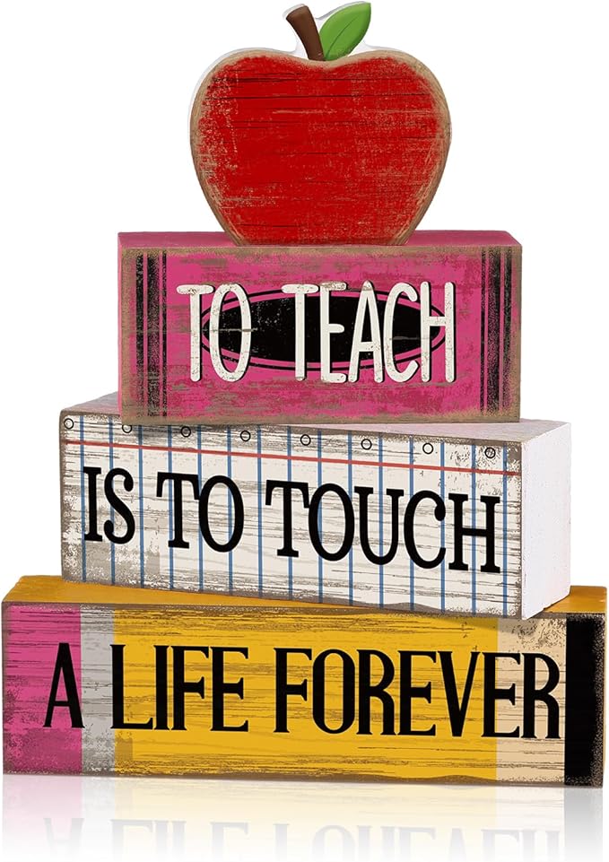 Moucuny 4 Pcs Teacher Appreciation Week Table Decor Wooden Apple Tiered Tray Decor Thank You Teacher Table Centerpiece Decorative Apple Block Signs Gift Classroom Decoration for Home Kitchen Shelf