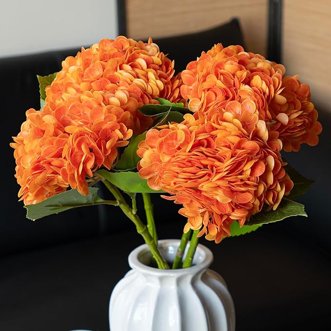 DUYONE 3PCS 22 inch Realistic Artificial Hydrangea Large Flowers Artificial Flowers Dry Flowers Outdoor Wedding Christmas Office Family Party Living Room Table Decoration (Orange)