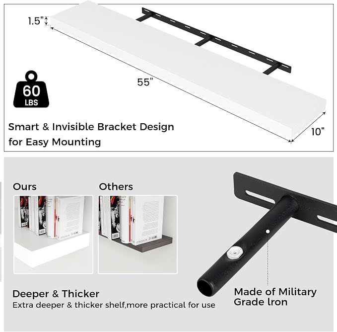 55" Wide x 10" Deep Floating Shelves for Wall, White Finish, 1-Pack | Engineered Wood Wall Shelves with Invisible Brackets for Living Room, Bedroom, Bathroom, Office & Kitchen Storage