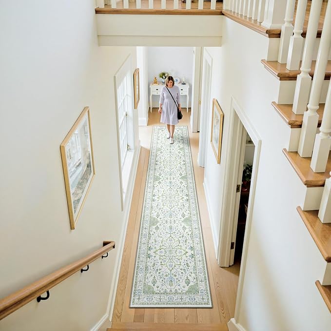 RELEANY Area Rugs 2'x10' Runner Rug Non Slip Washable for Kitchen Hallway Bedroom Beside Laundry Room Bathroom Rug, Floor Carpet, Green White Blue