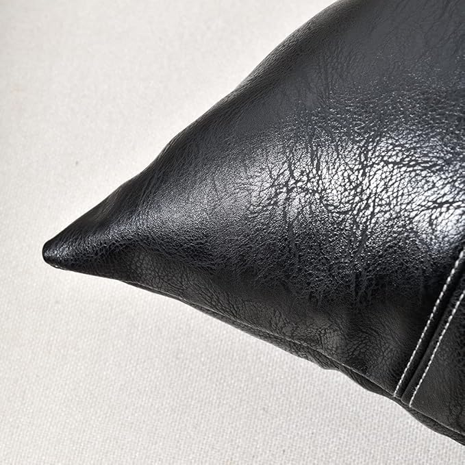 Fancy Homi Black Boho Faux Leather Decorative Throw Pillow Covers 16x16 Inch for Living Room Couch Bed Sofa, Rustic Modern Farmhouse Home Decor, Hand Stitched Square Cushion Case 40x40 cm